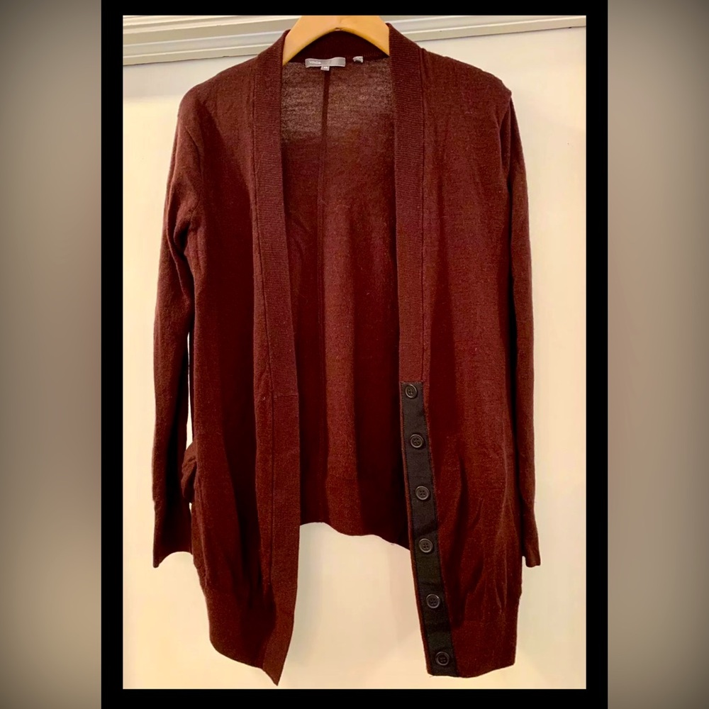 VINCE Cardigan Merino Cashmere High Low V-neck Maroon Burgundy EUC